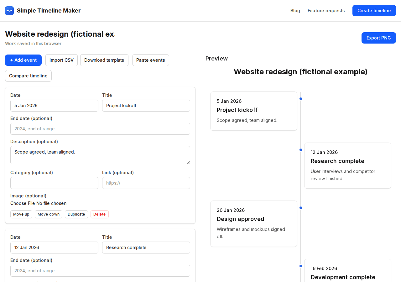 Simple Timeline Maker editor with a website redesign project entered as six dated events